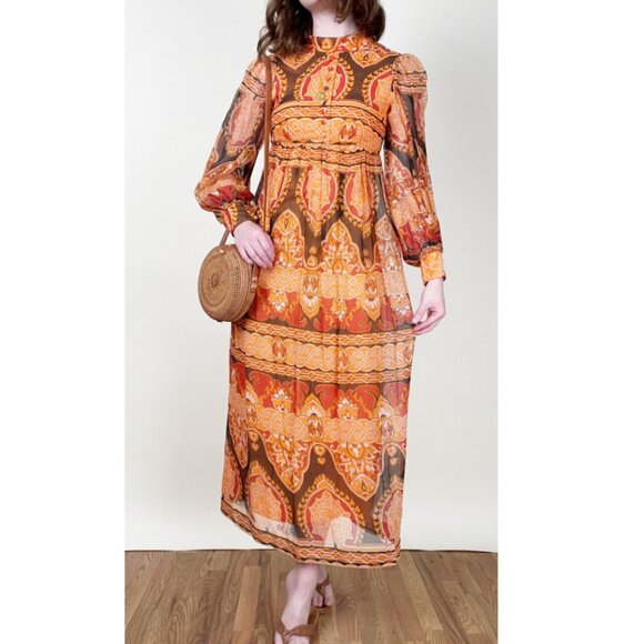 Vintage Union Made Maxi Dress Long Puffed Poof Balloon Sleeve Boho Print 60s 70s - Picture 3 of 8